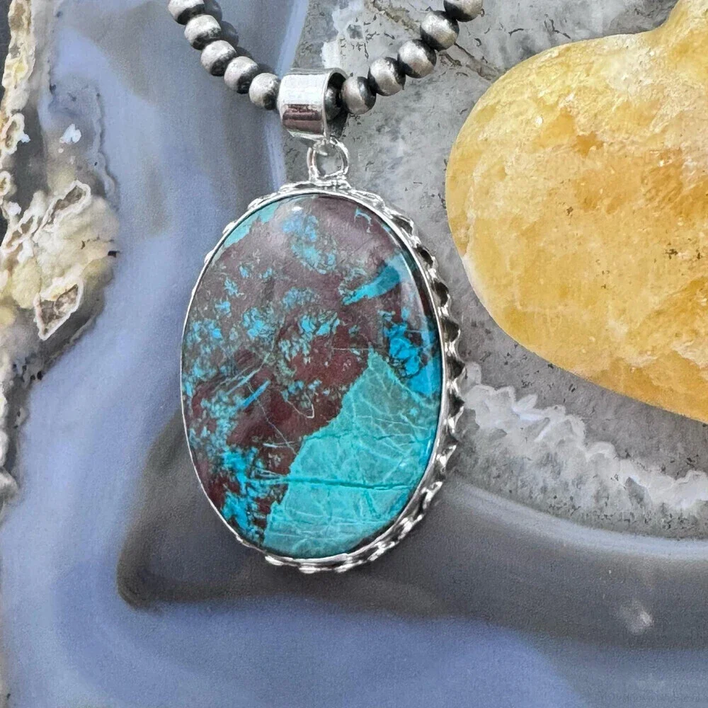 Sterling Silver Southwestern Style Large Oval Green Turquoise Pendant For Women - Picture 5 of 10
